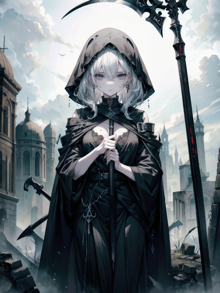 (ruined city), grim reaper, black scythe, robe, whole body shot, absurdres, RAW photo, extremely delicate and beautiful, masterpiece, Best Quality, ultra high resolution, 32k, hyperrealistic, ultra-detailed, perfect figure, detailed description, pale skin, 20 years old, detailed beautiful face and eyes, tearful mole, earring, short medium hair, wavy hair, 