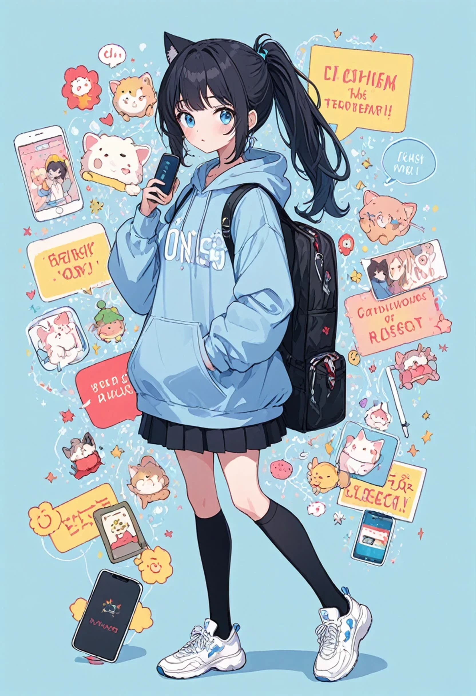 ultra-detailed,(best quality),((masterpiece)),(highres),original,extremely detailed 8K wallpaper,(an extremely delicate and beautiful),
anime,
\\,
BREAK
1girl,blue eyes,blue background,hood,backpack,cat,sky blue hoodie,drawstring,black hair,shoes,hood down,hoodie,long sleeves,solo,bag,holding,hair ornament,english text,socks,white footwear,bangs,looking at viewer,jewelry,sneakers,phone,standing,blush,full body,skirt,medium hair,black socks,hairclip,red theme,speech bubble,holding phone,closed mouth,cellphone,sleeves past wrists,animal,long hair,simple background,black skirt,romaji text, ponytail hair,
