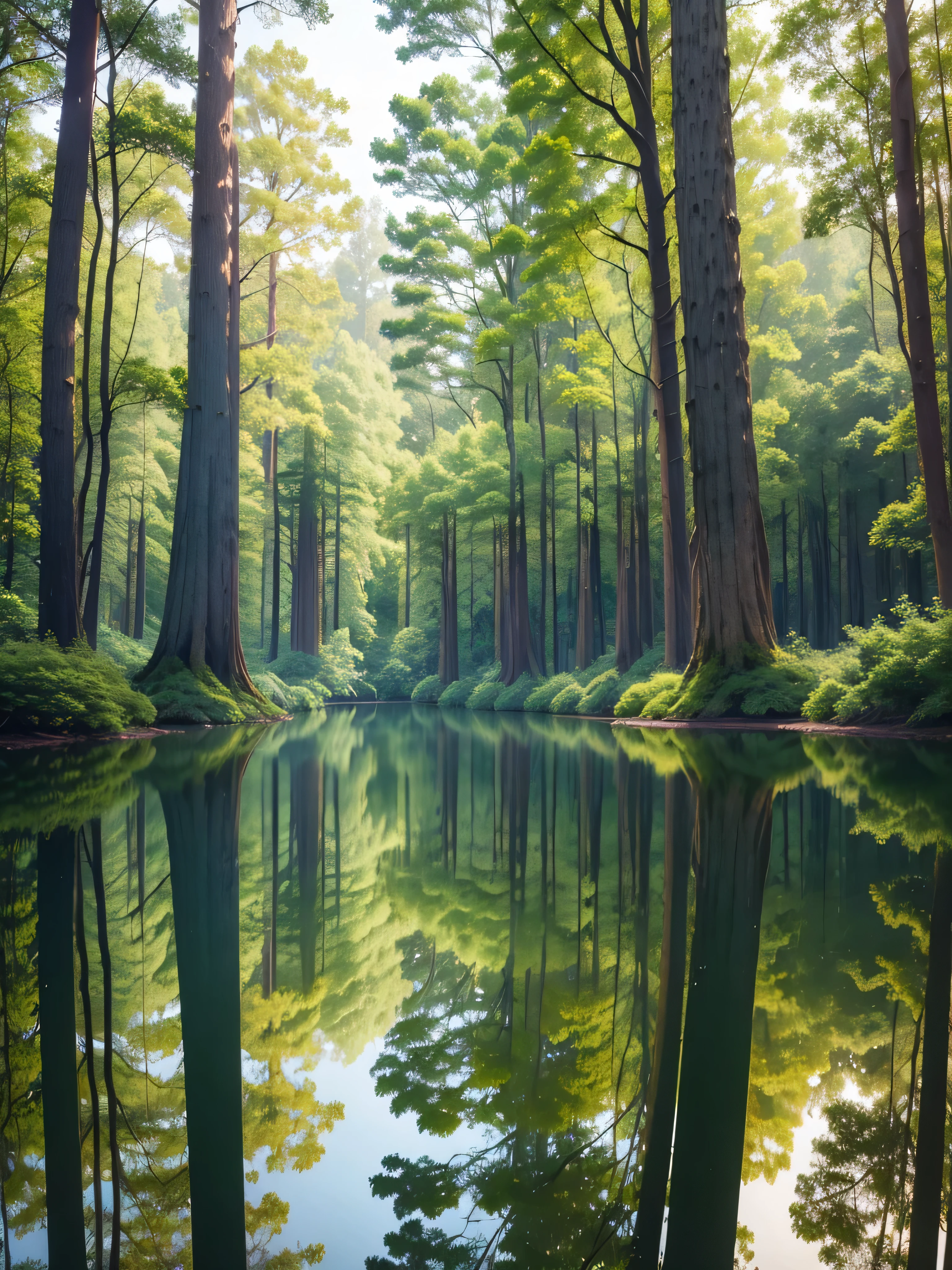 "A beautiful, secluded forest glade with tall, ancient trees surrounding a small, tranquil pond, the water reflecting the vibrant green leaves and creating a mirror-like effect."