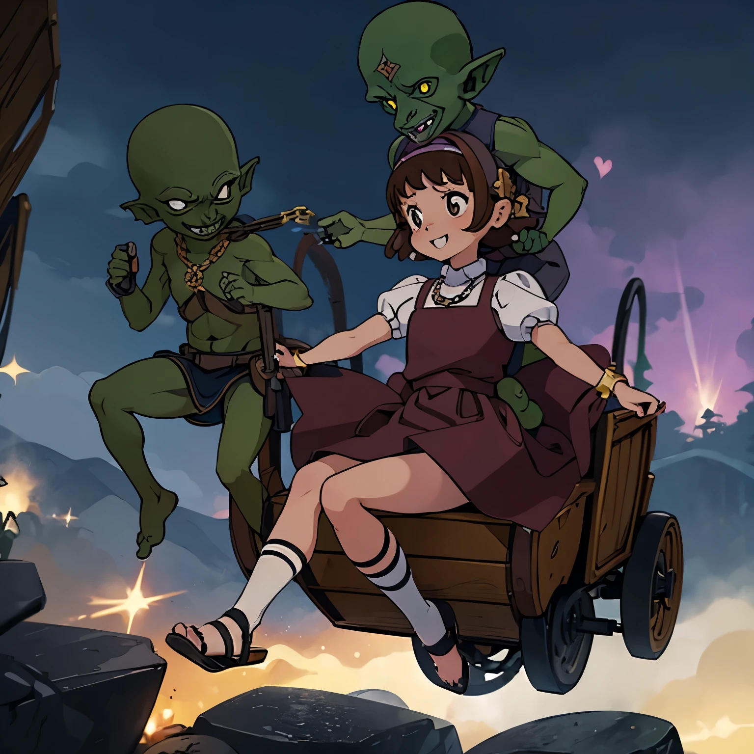 masterpiece, (((goblinriding, a goblin is riding a girl))), goblin, mutiple goblins, goblins, (((all fours))), 1girl, (dress:1.1), (nose hook), reins, collar, chain, rope, obey, happy trance, smile, hair ornaments, small breast, expressionless, emotionless, blank eyes, empty eyes, mind control, apocalyptic background, hair ornament, akkochan, brown hair, brown eyes, blue eyes, small breast, hairband, monster, horror, glowing eyes