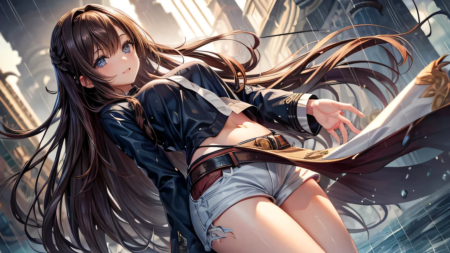 A gentle smile、woman、Beautiful long brown hair,Fashionable hairstyle,Stylish cute clothes,Torn shorts,Clothes that are wet from the rain and slightly transparent,Wet Hair,rain,Weather,Ultra-high resolution, Accurate, Super detailed, Textured skin, High detail, highest quality, 8k, Detailed Hair,Detailed eyes,Focus on the face,Depict the figure from the waist up,