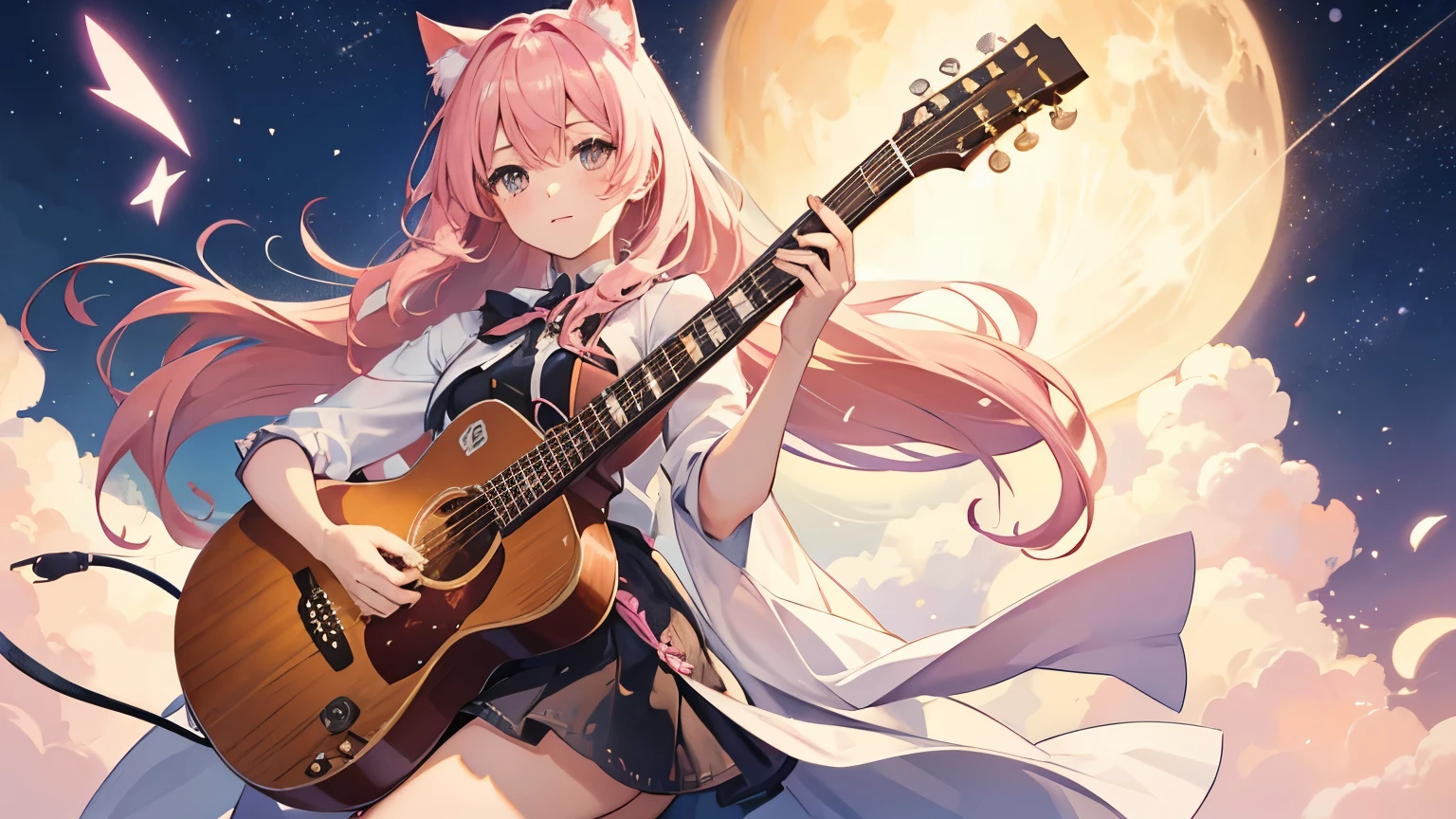 picture a scene of a girl playing the guiter alone with stars in the sky. Anime, pink hair, cat ears. That's her charm.