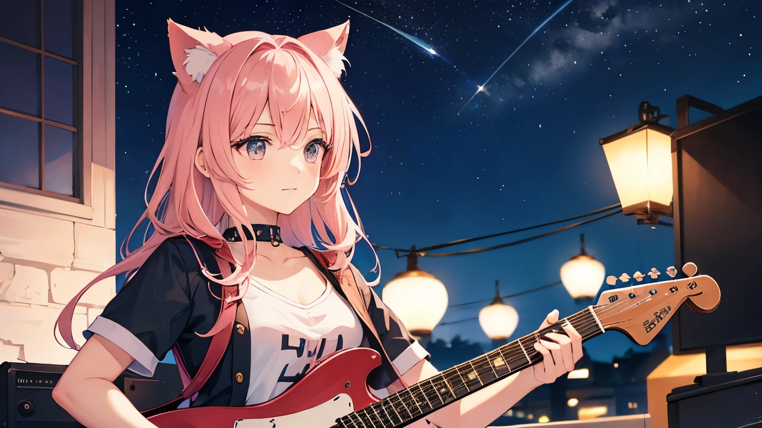 picture a scene of a girl playing the guiter alone with stars in the sky. Anime, pink hair, cat ears. That's her charm.