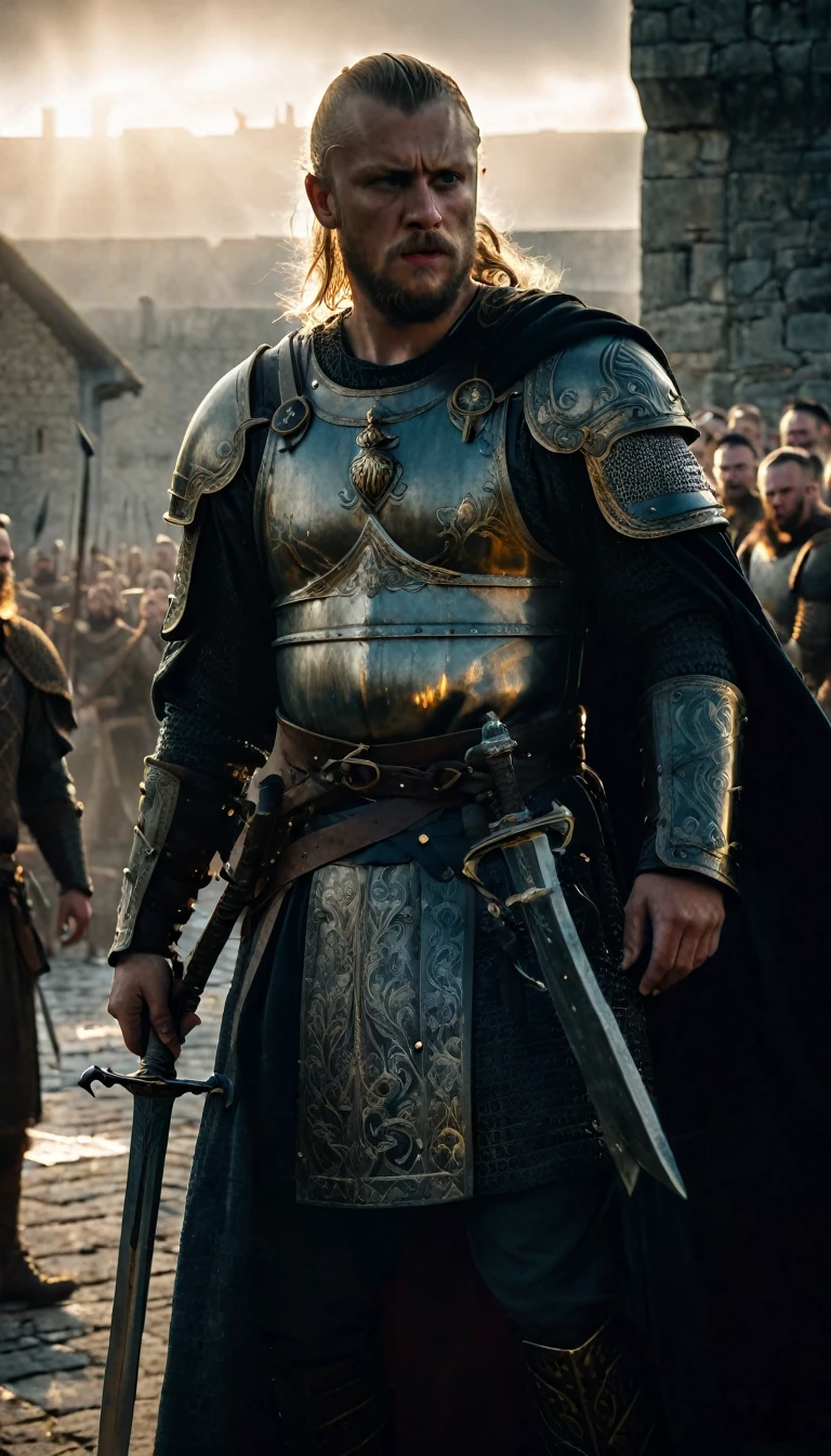 Illustrate the sons of Ragnar lothbrok standing together, wearing viking armor and holding weapons, ready to fight, heading for King Aella's fortress,
digital UHD (k) image, cinematic film still dramatic side lighting, dramatic intense stare closeup portrait,  hdr,  shallow depth of field, vignette, highly detailed, high budget Hollywood film, cinemascope, moody, epic, gorgeous
, Highly detailed and clean, Photorealistic and cinematic masterpiece, professional photography, realistic, realism, 200k , Raytracing and light effect , gold magic, gold efect, lighting gold, digital, perfect composition, beautiful detailed intricate insanely detailed octane render trending on artstation, 8 k artistic photography, photorealistic concept art, soft natural volumetric cinematic perfect light, award - winning photograph, masterpiece, raphael, caravaggio, greg rutkowski, beeple, beksinski, giger