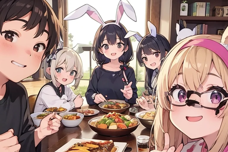 (Bunny ears headband), Special Party, Friends, Have fun, celebration, quality, Modest, More than one person, smile, harmonious, Warm atmosphere, feast, Unity, close, family, Warmth, casual, simple, Natural, Friendly, fun, nonchalant, Approachable, House Party, comfortable, happiness, Friendly, bond, Sense of unity