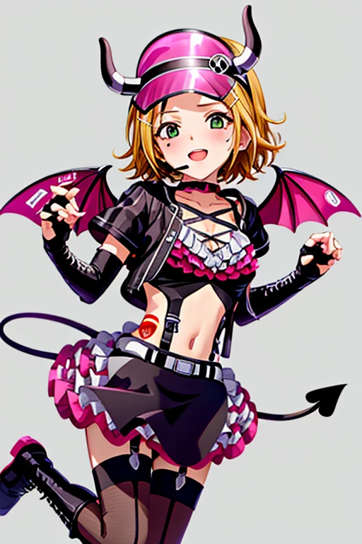 1girl, kagamine rin, hllwngm outfit, pink visor cap, headset, black collar, pink demon wings, demon tail, demon horns, cropped jacket, open jacket, crop top, cleavage, suspenders , black detached sleeves, black fingerless gloves , pink layered miniskirt, black waist apron , brown thighhighs, black knee boots