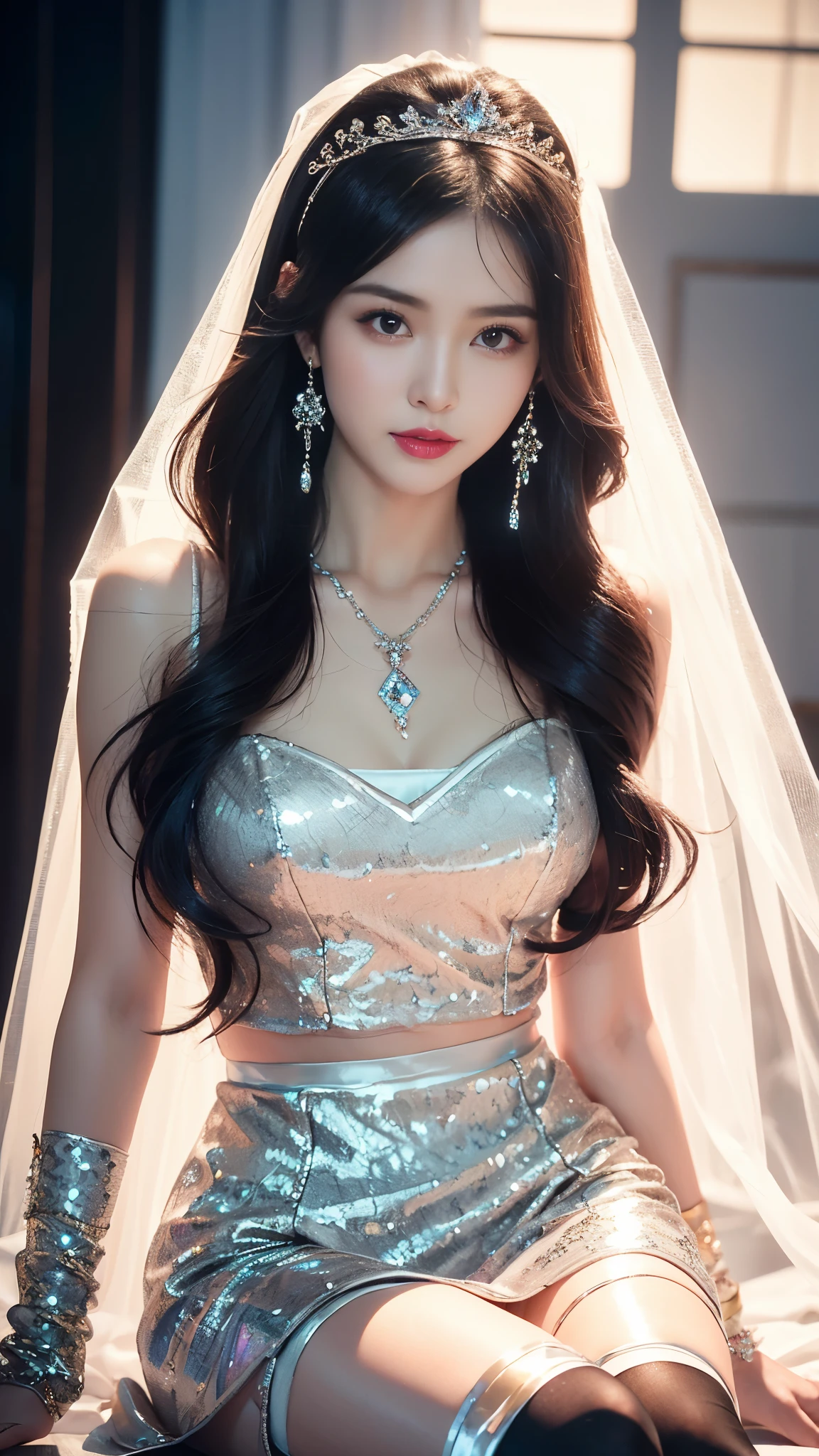 4K, UHD, masterpeice, 1 girl, good face, happy face, ((white skin)), detailed eyes, detailed lipstick, very long hair, straight hair, very long hair, beautiful hair, hair ornaments, hairband, gradient hair, ((black stocking)), ((princess clothing)), ((decorated clothing)), ((sardine)), ((sparkle clothing)), ((black lace)), ((diamond bracelet)), ((pendant)), ornaments, necklace, earring, high lighting, ((in the wedding stage)), fujicolor, depth of field, ray tracing, ultra realistic detailes,