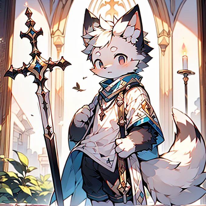 Holy Church,Cat Boy,Long and thin tail,White fur,wear white shirt,Black shorts,Black eyes,Eye highlights,strong,Holding a white cross the size of a long sword,The light reflected on his clothes,Handsome(masterpiece)(high quality)(Clear structure)(Clear lines)(Extremely detailed background)(Extremely detailed characters)