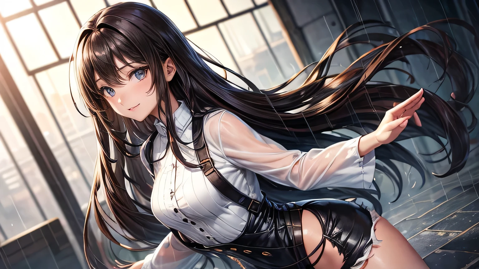 A gentle smile、woman、Beautiful long brown hair,Fashionable hairstyle,Stylish cute clothes,Torn shorts,Clothes that are wet from the rain and slightly transparent,Wet Hair,rain,Weather,Ultra-high resolution, Accurate, Super detailed, Textured skin, High detail, highest quality, 8k, Detailed Hair,Detailed eyes,Focus on the face,Depict the figure from the waist up,