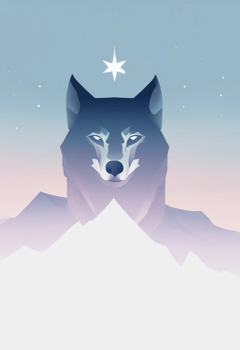 (( Simple logo design with Gradient effect)), (Vector art), (minimalist design), (Gradient effect), Let&#39;s try it in a hand-drawn style., User Roxo as a core, dark blue, Azure and total simples de Linha Blanca. (Logo、Hold your head high on the mountain top、A simple drawing of a wolf looking up at three stars in the sky.。). Renders the image as if the camera were looking at the scene from directly below, Gives the impression that the wolf is slightly above the observer, But it&#39;s not that far away. The wolf&#39;s body faces the observer.、Position your head to see the stars above in perspective。