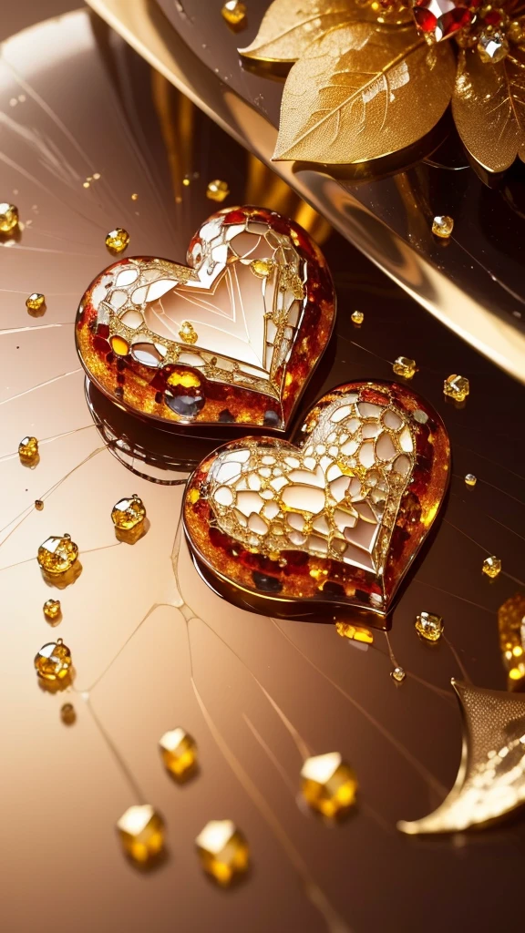 Create a breathtaking work of art with abstract heart, diamond and gold glass pieces with a scattering effect emanating from the glass. Accentuate intricate details, sophisticated lines and vibrant colors throughout the composition. Make sure that the abstract elements remain the center of attention, not the people.,