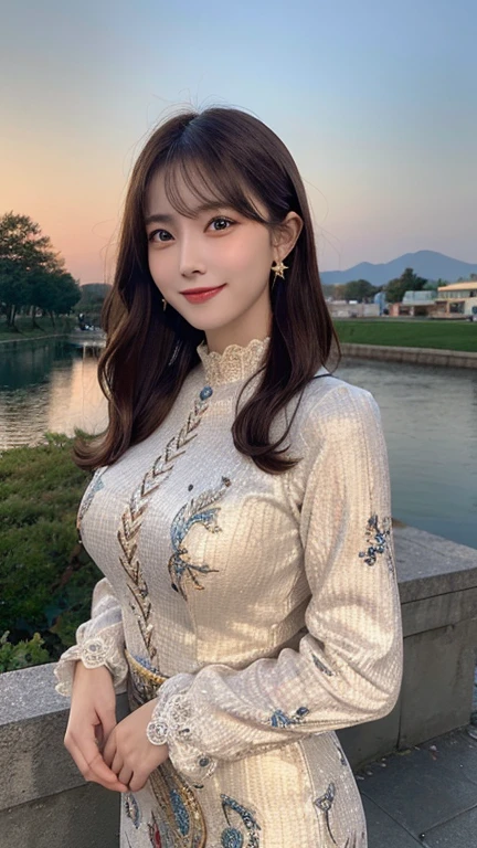 (disorganized, High resolution, super detailed), 1 girl, Constellation - Aries Goddess , alone, mature, huge breasts,smile,baroque, long dress, long sleeve, elegant, colorful, most detailed, Upper body , sunset hair . eyes of fire . Brave, purposeful, productive, The face of an enterprising humanitarian .