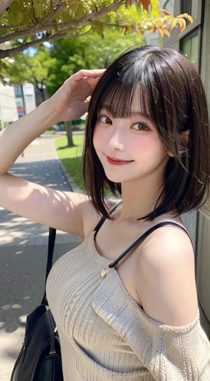 (top-quality,masterpiece:1.3,超A high resolution,),(ultra-detailliert,Caustics,8K),(Ultra-dense muscle,Photorealsitic:1.4,RAW shooting,),(Hang the shoulder bag diagonally from your shoulders and pinch it between your cleavage:1.2),(White knitted dress),Facing the camera,1 girl,japanes,20yr old,kawaii,A dark-haired,Shorthair,(large boob),looking happy smile,Ginkgo in autumn leaves,Looking at the camera,(facing front:1.1),natural soft light,,breasts forcus,Half shot