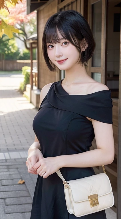 (top-quality,masterpiece:1.3,超A high resolution,),(ultra-detailliert,Caustics,8K),(Ultra-dense muscle,Photorealsitic:1.4,RAW shooting,),(Hang the shoulder bag diagonally from your shoulders and pinch it between your cleavage:1.2),(White knitted dress),Facing the camera,1 girl,japanes,20yr old,kawaii,A dark-haired,Shorthair,(large boob),looking happy smile,Ginkgo in autumn leaves,Looking at the camera,(facing front:1.1),natural soft light,,breasts forcus,Half shot