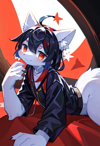 (masterpiece:1.3), (2d:1.0), (Japanese cartoons:1.0), (illustratiexist:1.0), (sharp:1.2), (hard Light:1.0), (shadow:1.0),(reflectiexist, refractiexist:0.8), (Light, dappled Light, 强Light, 镜头Light晕, Tyndall effect: 1.0), (sharp, Shiny: 1.0), (best quality: 1.2), (Super Fine: 1.0), (Extremely complex: 1.0), (Blurred foreground, 灯Light, Light線追蹤: 1.1), (bright_color, dark_intense_shadows: 1.1), (Dough, rich and colorful: 1.2), (Warm_Light_from_below, 輝Light_White_ particle：1.1），（ensemble_Star！ _\(style\):0.95). Wolf_Boys,anthropology,已superior传_exist_e621,Solitary,superior_Body,Oxbow_shooting,male_focus,furry_kemexisto,furry_male,cub,young_male,beautiful girl,11_years_old,Kawaii,Lovely,want to,Vulnerable,Cool, handsome. deTailed_Brushedy_fur,tuft,(White_fur,Body_fur,Oil_skin,skin_and_Brushedy_fur:1.3),animal_nose,animal_ear_Brushed,Brushedy_paw,Paw pads,animal_hand,Brushedy_Large target_Tail。 Black clothes, (黑色and红色连帽斗篷, 红色and黑色连帽衫: 1.5), short male hair, Black Hair, Purple Eyes, 闭superior眼睛, Bangs, Red dark hair, open mouth, Smile, Light blush, goggles, raised hand, holding red dagger, red metal leg ring exist the thigh of the right leg is short, Bottomless, (lying down: 1.2), looking at the left frexistt. (night, Starry_Sky, new moon_moexist, Star_\(Sky\), gem, plant, Star_\(symbol), spark), outdoor, landscape