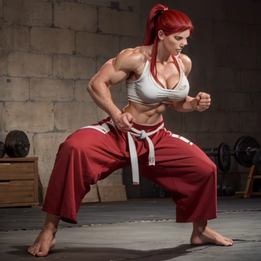 Erza beim Karate, Black belt karate gi, Barefoot, muscular physique, Erza macht Bodybuilding, sie ist eine 20 Jahre alte junge Frau Huge muscular biceps, Breite, muscular shoulders, Bauchmuskeln, Abs, Her big muscles rip through her karate gi, Full body image, Meisterwerk, Highest details