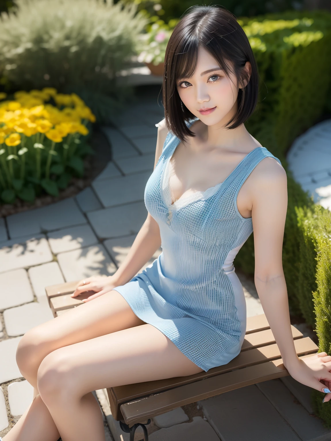 (highest quality:1.5), (Real:1.5), (1 person:1.5), (Very detailed), (High resolution), 8k, Small breasts, Natural color lip, Cute smile, Japanese women, 20 year old girl, (Perfect and beautiful face), (Big eyes), (Beautiful and Cute face), (Beautiful balanced eyes), Beautiful double eyelids, Perfect and beautiful face, Thin arched eyebrows, Slim face, (slim body), beautiful thin nose, beautiful skin, (medium bob hair), natural bangs, fair skin, (with a cute expression), (bright lighting), lighting from the front, (lighting the face), dark blue eyes, slim waistline, (miniskirt), slender and beautiful legs, garden, (with lace) (wearing a one-piece dress with a micro miniskirt), beautiful and slim thighs, (sit on a bench), (yellow marguerite garden), (Margaret's flower bed),