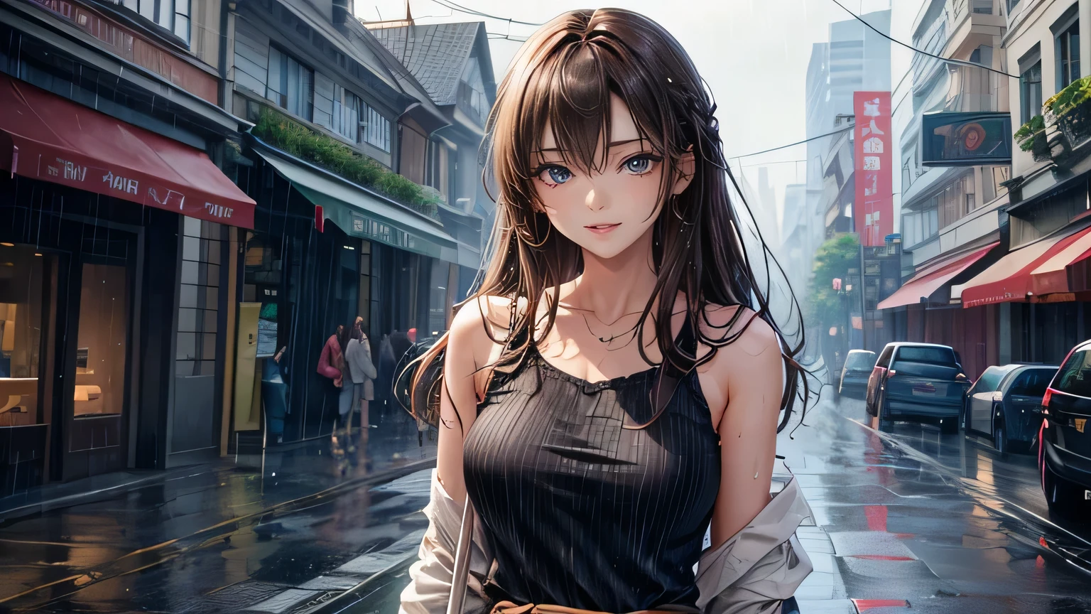 A gentle smile、woman、Beautiful long brown hair,Fashionable hairstyle,Stylish cute clothes,Ripped jeans,Clothes that are wet from the rain and slightly transparent,Wet Hair,rain,Weather,Ultra-high resolution, Accurate, Super detailed, Textured skin, High detail, highest quality, 8k, Detailed Hair,Detailed eyes,Focus on the face,Depict the figure from the waist up,