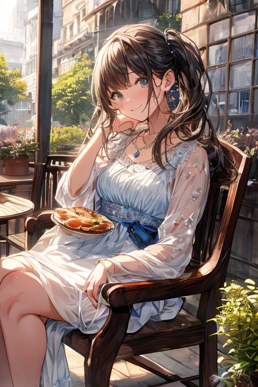 (higher resolution, distinct_image) The best quality, a woman, masterpiece, highly detailed, semi realistic, 26 years old, beautiful, young, handsome, interlaced white blue dress, small gem necklace on neck, exterior, cafe seat, window, sitting, afternoon, blush, smiling