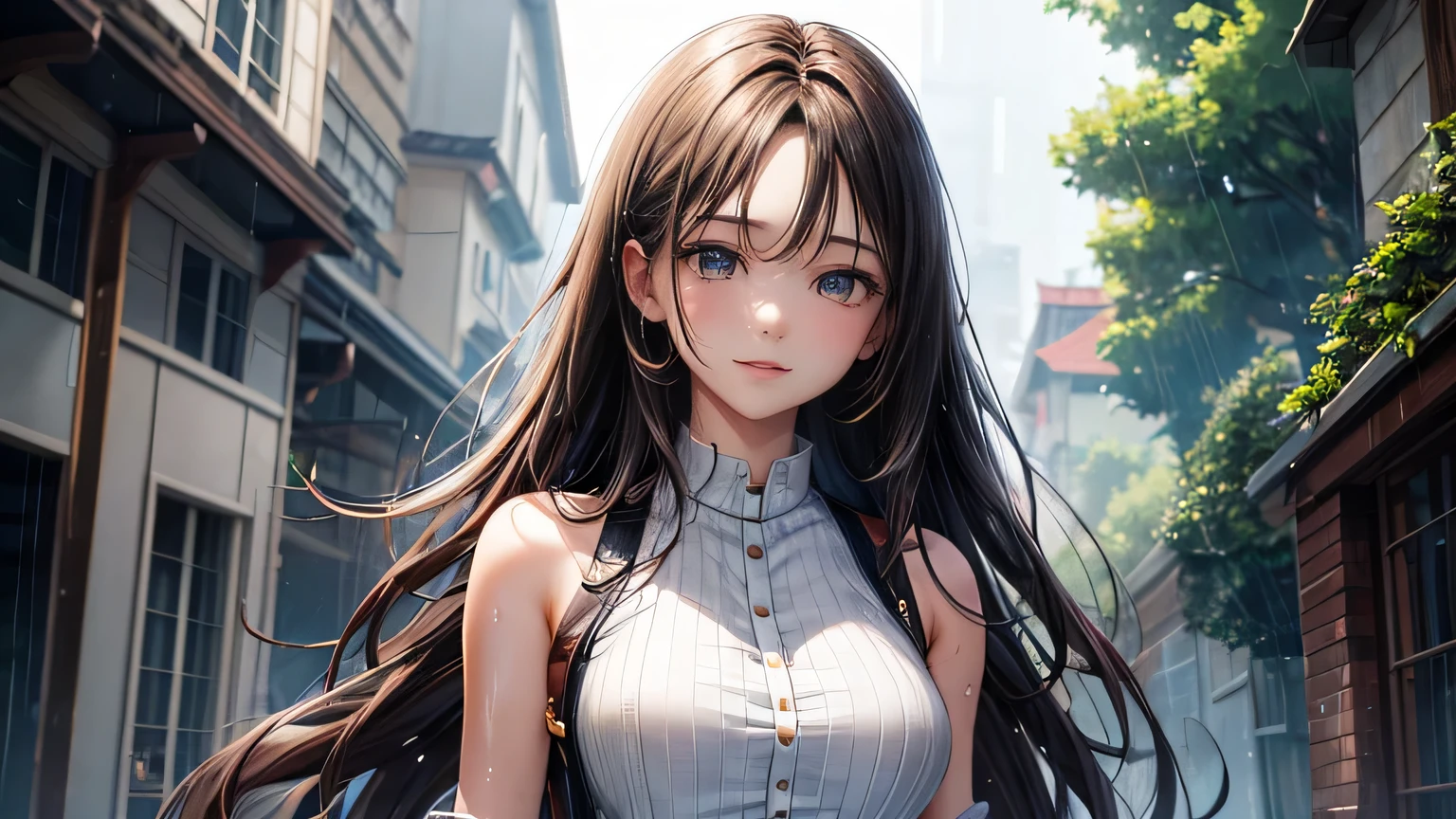 A gentle smile、woman、Beautiful long brown hair,Fashionable hairstyle,Stylish cute clothes,Ripped jeans,Clothes that are wet from the rain and slightly transparent,Wet Hair,rain,Weather,Ultra-high resolution, Accurate, Super detailed, Textured skin, High detail, highest quality, 8k, Detailed Hair,Detailed eyes,Focus on the face,Depict the figure from the waist up,