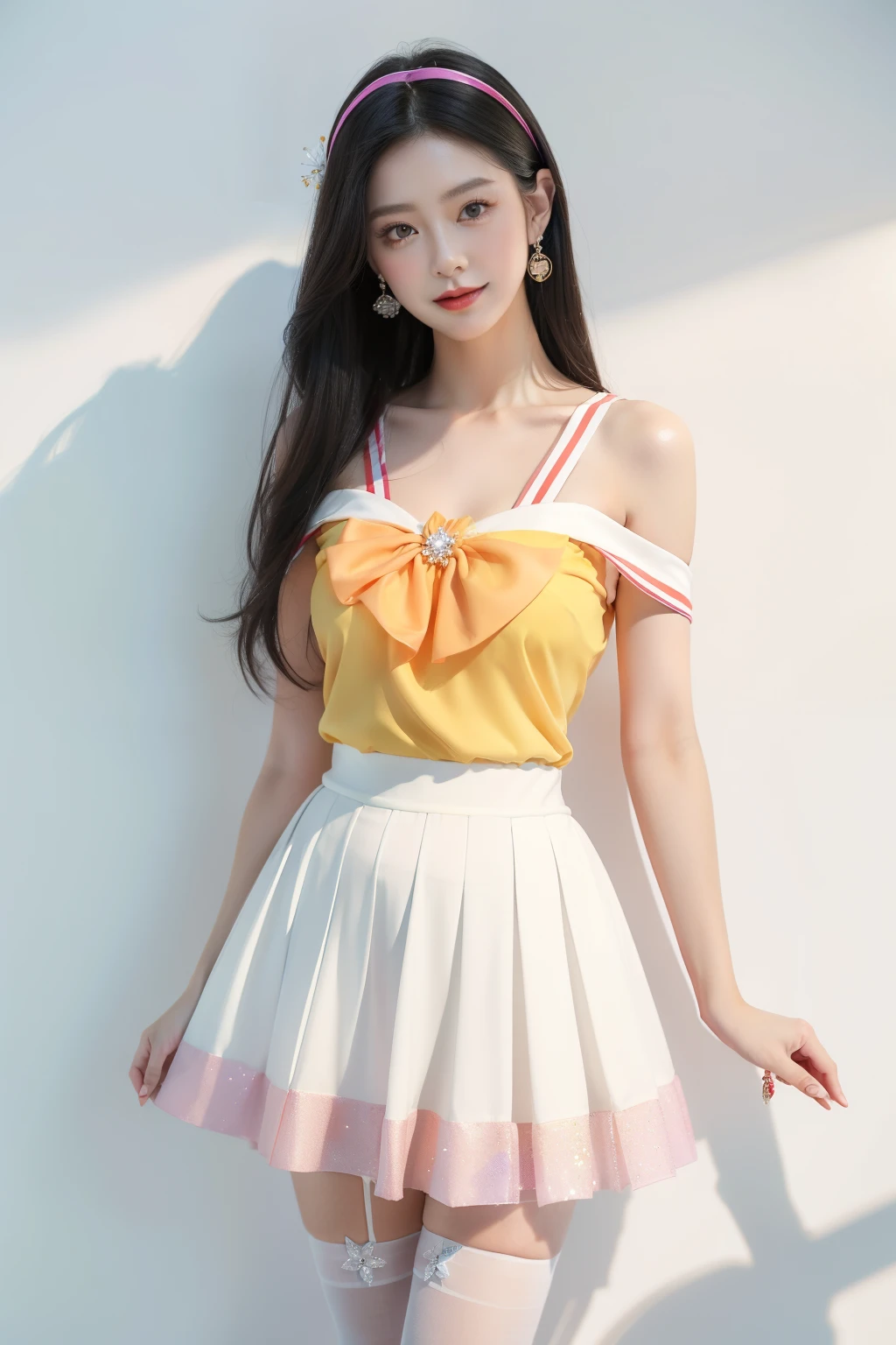 Perfect young white-collar woman, China, The picture quality is high, the masters, Black hair, Like spring, Single horsehair, Hair accessories, Off-the-shoulder, clavicle, Delicate face, Water dots red lips, face fill light, ((Dress up in colorful and stylish summer sailor suits)) (Red, Blue, Green, purple, Orange, Pink, Yellow, Printed clothing, Brightly colored clothing), Kurt, and colorful pleated skirts, Shadow bud silk skirt, Sparkling gemstone dress, Flash star dress, Crystal elements, Embroidery pattern elements, Fringed skirt, snowflake dress, Skirt, Moonlight butterfly fairy dress, Drizzle dress, luminous, White stockings and black stockings and pantyhose, Loading, Condolence belt unlined top, Bud silk material and silk clothing, reality, Bare with thighs, calf, (Look down from the top: 1.2), (White wall background: 1.5), CG image rendering, 16 k, Standing posture, in the void, Not to, Close-up of the picture，full bodyesbian, (smile)