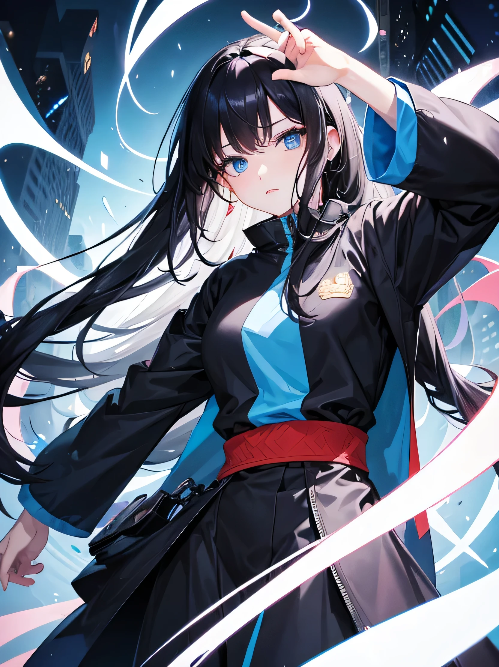 A half body person in oversize jacket, best quality illustration of a long black-haired female character with a Korean hairstyle, and blue eyes. Her personality is kindly and graceful and she is interested in battleroyal.