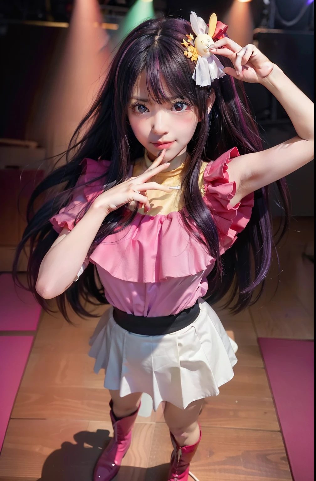 (masterpiece), highest quality, Expressive eyes, Perfect Face, High resolution, (8k), (Perfect Face), (Super detailed), Hoshino Ai, Long Hair, Purple Hair, Striped Hair ,Purple eyes, Star-shaped pupils, hair ornaments, Frills, Pink Boots, pink shirt, smile, No sleeve, shirt, Idol, illumination, Colorful, Concert atmosphere, Are standing, Portraiture, Stage Background, Pause, Looking at the audience, whole body