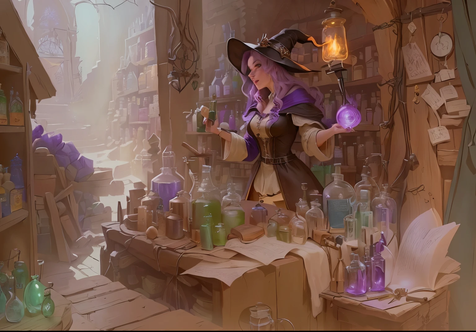 Cartoon of woman in witch costume, she is in the potions workshop, In the drugstore, Wizard Laboratory, The wizard's apothecary, Britney Lee, Magic concept art, Magic Lab Setting, In an old magic shop, Cast a spell on a potion, Magic 2D Concept Art, Fantasy Alchemist&#39;s Laboratory