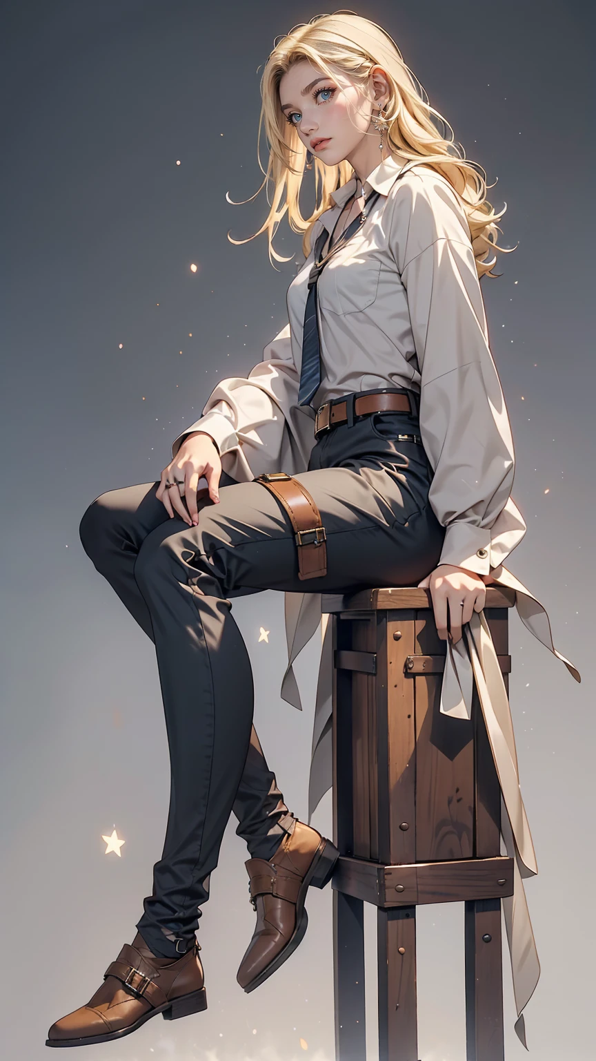 Ah Style, shingeki no kyojin,, , Krista Lentz,, One girl, belt, belt buckle, Blonde Hair, blue eyes, Brown footwear, brown pants, buckle, chest belt, collared shirt, diamond (shape), Floating Hair, From the side, whole body, Gray background, Hair between the eyes, Place your hands on your thighs, Long Hair, Long sleeve, Looking to the future, with own hands, pants, Lips parted, shirt, shoes, Sitting, alone, Shine, star (symbol), Thigh straps, white shirt, , , ((masterpiece)), highest quality, ,