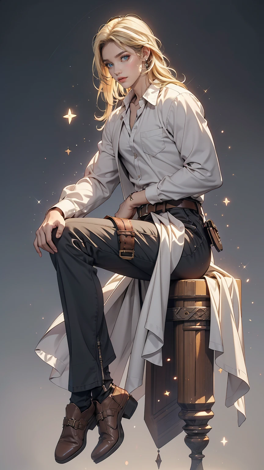 Ah Style, shingeki no kyojin,, , Krista Lentz,, One girl, belt, belt buckle, Blonde Hair, blue eyes, Brown footwear, brown pants, buckle, chest belt, collared shirt, diamond (shape), Floating Hair, From the side, whole body, Gray background, Hair between the eyes, Place your hands on your thighs, Long Hair, Long sleeve, Looking to the future, with own hands, pants, Lips parted, shirt, shoes, Sitting, alone, Shine, star (symbol), Thigh straps, white shirt, , , ((masterpiece)), highest quality, ,
