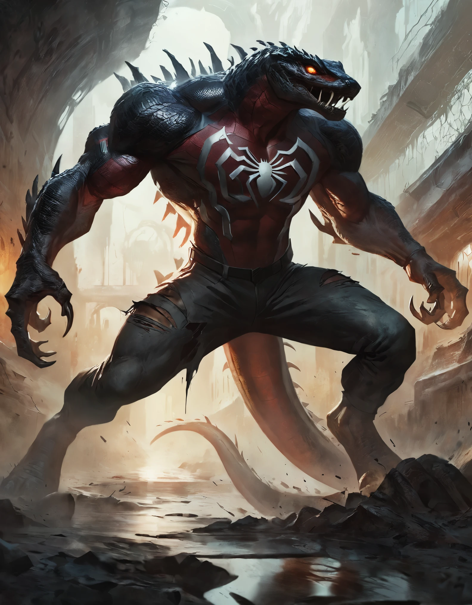 Spiderman Lizard, Its exterior is covered with black scales.,Has a long tail and sharp fangs,Muscular, sewer, Torn trousers, Torn lab coat, Spike Back, wild, violent, Concept Art, There is nothing there, masterpiece, Absurd resolution, 2023, Extremely detailed, alone, 