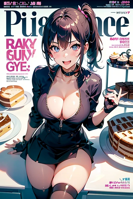 1 girl, small nose, very beautiful detailed face and eyes, bright colors, cute face, delicate beautiful face, Bright magenta eyes, cute eyes, sparkling eyes, Big eyes, (big breasts:1.3), (perky chest:1.1), (pointed chest:1.0), (cake magazine cover:1.3),highest quality, WorKs of masters, High resolution,BlacK color hair,shiny hair, side ponytail,hair between eyes,bangs, (black jacket, real clothes, cleavage, black skirts, black thighhighs, thigh strap, fingerless gloves, single glove:1.2) , spread legs, panties shot, medium hips, glamorous body, white skin, smile, thin pubric hair, super beautiful face, Super beautiful eyes, Super beautiful hair,trendy outfit,sexy and attractive,full body esbian, Real World, Natural light,perfect Natural light,(with sparkling eyes and a contagious smile), This masterpiece is not only visually stunning but also tells, make of cake cooking , in the kitchen, open mouth, looking at viewer,