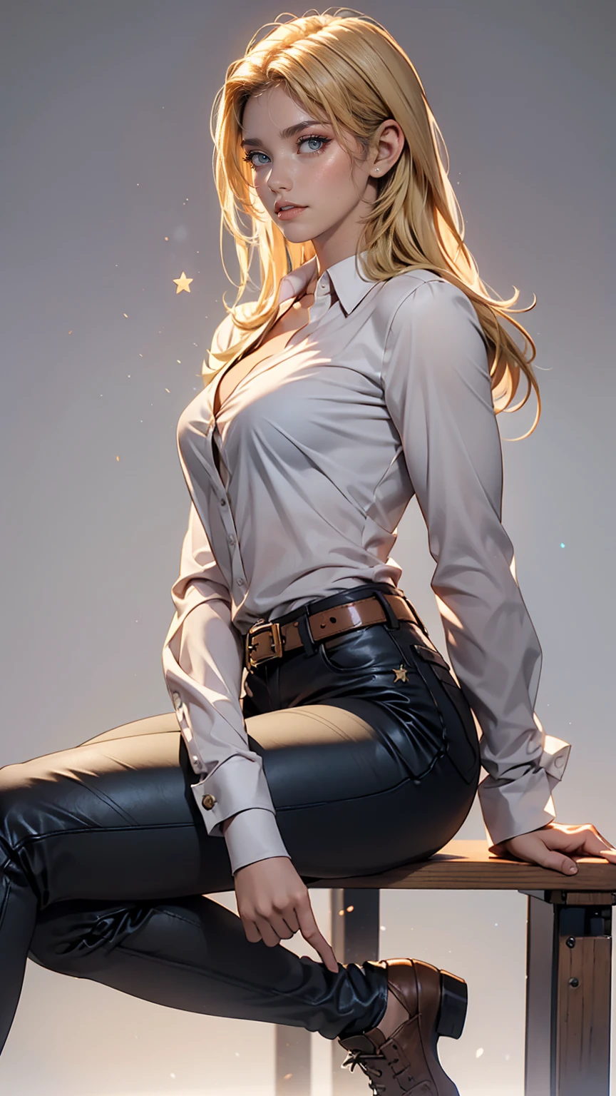 Ah Style, shingeki no kyojin,, , Krista Lentz,, One girl, belt, belt buckle, Blonde Hair, blue eyes, Brown footwear, brown pants, buckle, chest belt, collared shirt, diamond (shape), Floating Hair, From the side, whole body, Gray background, Hair between the eyes, Place your hands on your thighs, Long Hair, Long sleeve, Looking to the future, with own hands, pants, Lips parted, shirt, shoes, Sitting, alone, Shine, star (symbol), Thigh straps, white shirt, , , ((masterpiece)), highest quality, ,
