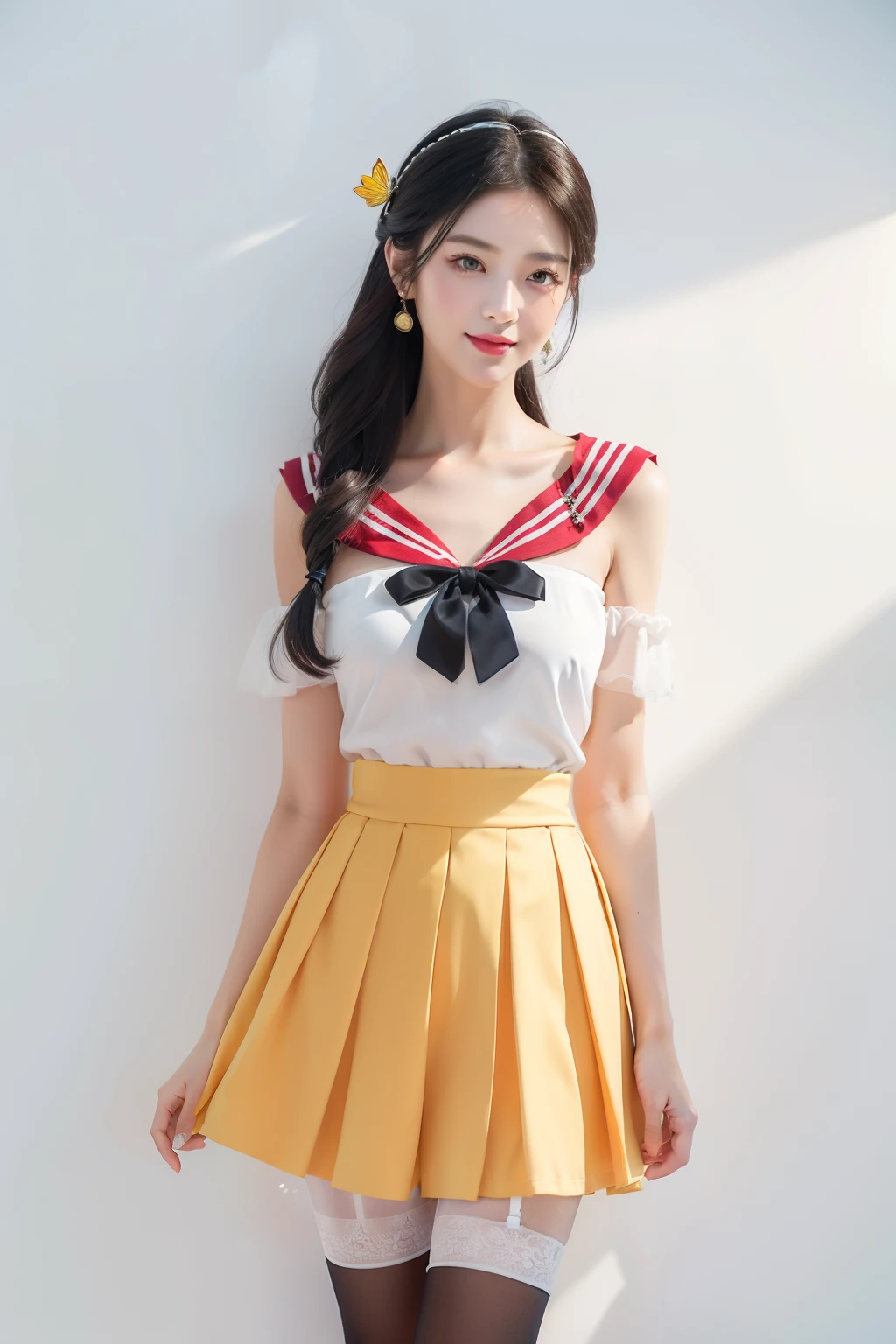 Perfect young white-collar woman, China, The picture quality is high, the masters, Black hair, Like spring, Single horsehair, Hair accessories, Off-the-shoulder, clavicle, Delicate face, Water dots red lips, face fill light, ((Dress up in colorful and stylish summer sailor suits)) (Red, Blue, Green, purple, Orange, Pink, Yellow, Printed clothing, Brightly colored clothing), Kurt, and colorful pleated skirts, Shadow bud silk skirt, Sparkling gemstone dress, Flash star dress, Crystal elements, Embroidery pattern elements, Fringed skirt, snowflake dress, Skirt, Moonlight butterfly fairy dress, Drizzle dress, luminous, White stockings and black stockings and pantyhose, Loading, Condolence belt unlined top, Bud silk material and silk clothing, reality, Bare with thighs, calf, (Look down from the top: 1.2), (White wall background: 1.5), CG image rendering, 16 k, Standing posture, in the void, Not to, Close-up of the picture，full bodyesbian, (smile)