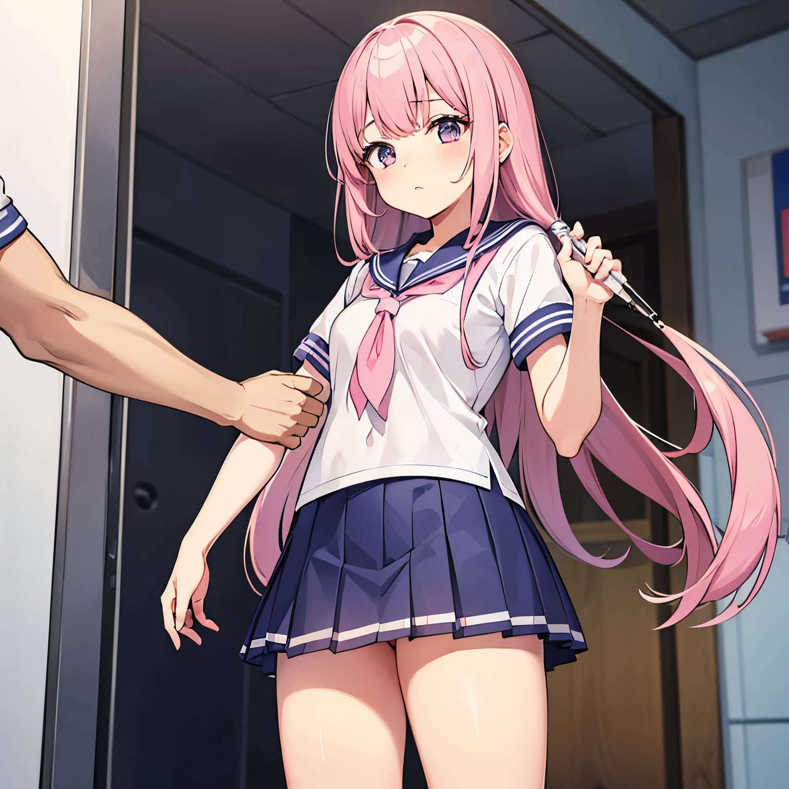 A pink-haired high school girl in a sailor uniform receives a vaccination、A man grabs your arm、Take the syringe and stick it into your upper arm.。.