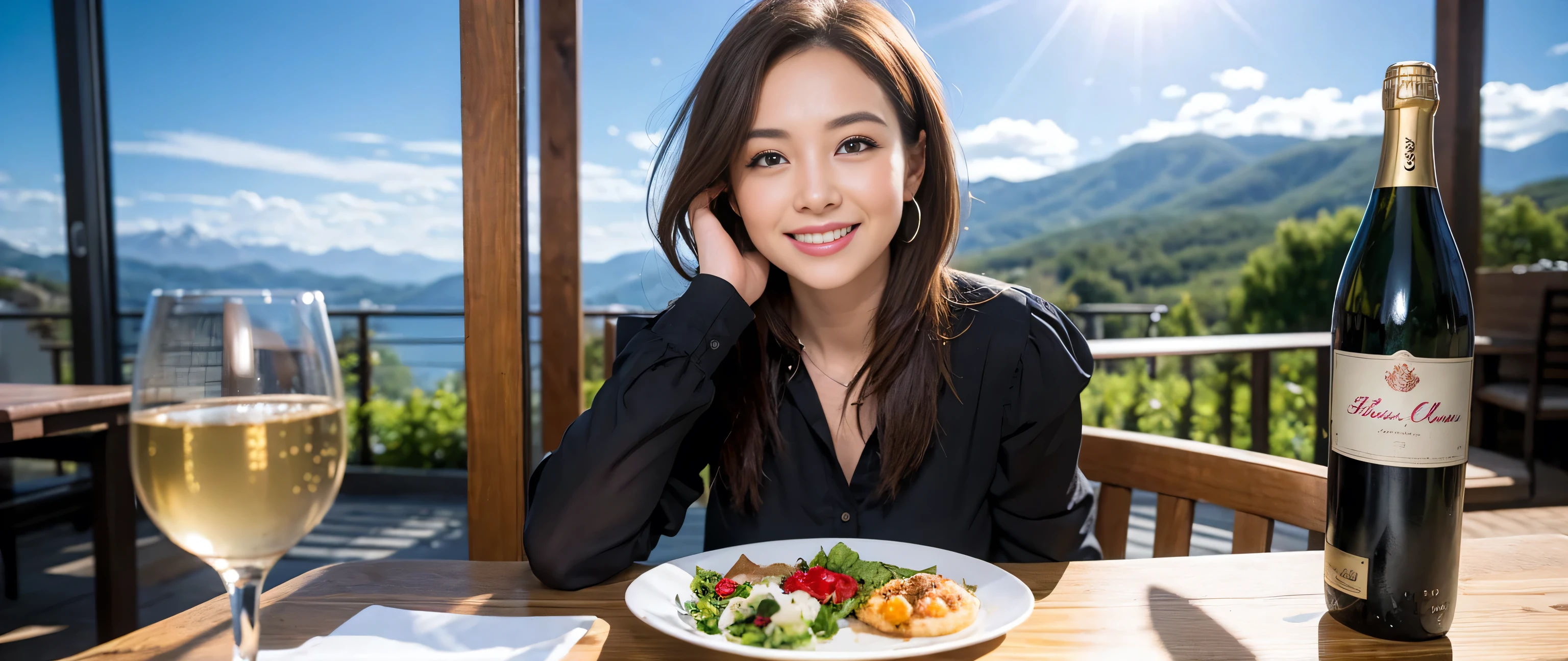 (highest quality、8k、masterpiece:1.3)、Beautiful woman with perfect figure:1.4、Wine Party、2 people、Dark brown hair、Highly detailed face and skin、Fine grain、double eyelid、Huge Mile、30th generation、Sex Appeal、Wine glass on the table、Please put light on my face、 Amazing view of the sunset sky and clouds、Amazing mountain views、A lovely woman with a smile、Bright image、The beauty of wine, Beautiful Face, blue eyes, The light shines on your face, Blushing, short hair,Bright Face、 (36 years old), 39 years old, Lady、red wine 、Appetizers、Italian food、Wine bottle、Champagne、sparkling wine、Two beauties、Brown Hair、Shortcuts、Long sleeve shirt、dress、Pretty Woman 1, (Slim face), (The body is slim), (Brown Hair), (Shortcuts), restaurant, In a prominent place (From the waist up) Nova Frog Style, actress, model, Upper Body, White wine, slim, wine glass, Wine glass placed in the center, smile, (smile: 1.15), Beautiful fine grain, Depth f/2,saturation, High Contrast, Strong light and shadow,Moist Body:1.5、3D texture、