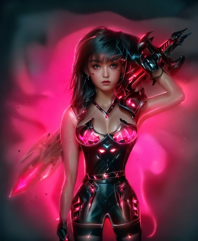 a ultra beautiful girl, with a (black techno fantasy armor) and a great sword in the back, cute, 12k, uhd, photorealistic, red decourations, black short hairs, ((european race)), (ultra beautiful gorgeous realistic), naked belly and (naked arms), black armour, red decourations, red great sword, black hairs, ((pink skin))