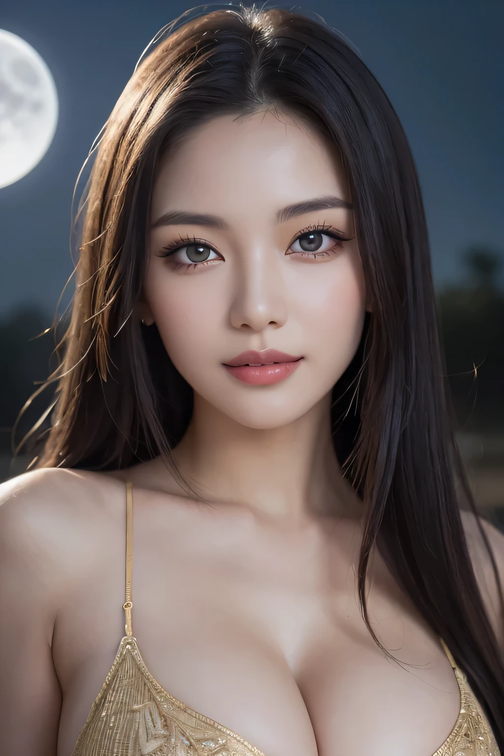 Body portrait, 8K, thin and beautiful eyes, Dindal effect, masterpiece, top quality, high quality, high resolution, very detailed photo, (natural skin texture, fine skin, hyper realism, super sharpness), high detail skin, (very fine, fine skin texture, intricate details, beautiful face, (realistic face), realistic eyes, beautifully detailed eyes, realistic skin, beautiful skin, surreal, very detailed Golden ratio, smiling eyes, ((night moonlight background) )), body portrait, G cup, big breasts, huge breasts, big breasts, glamorous, sexy knit dress,