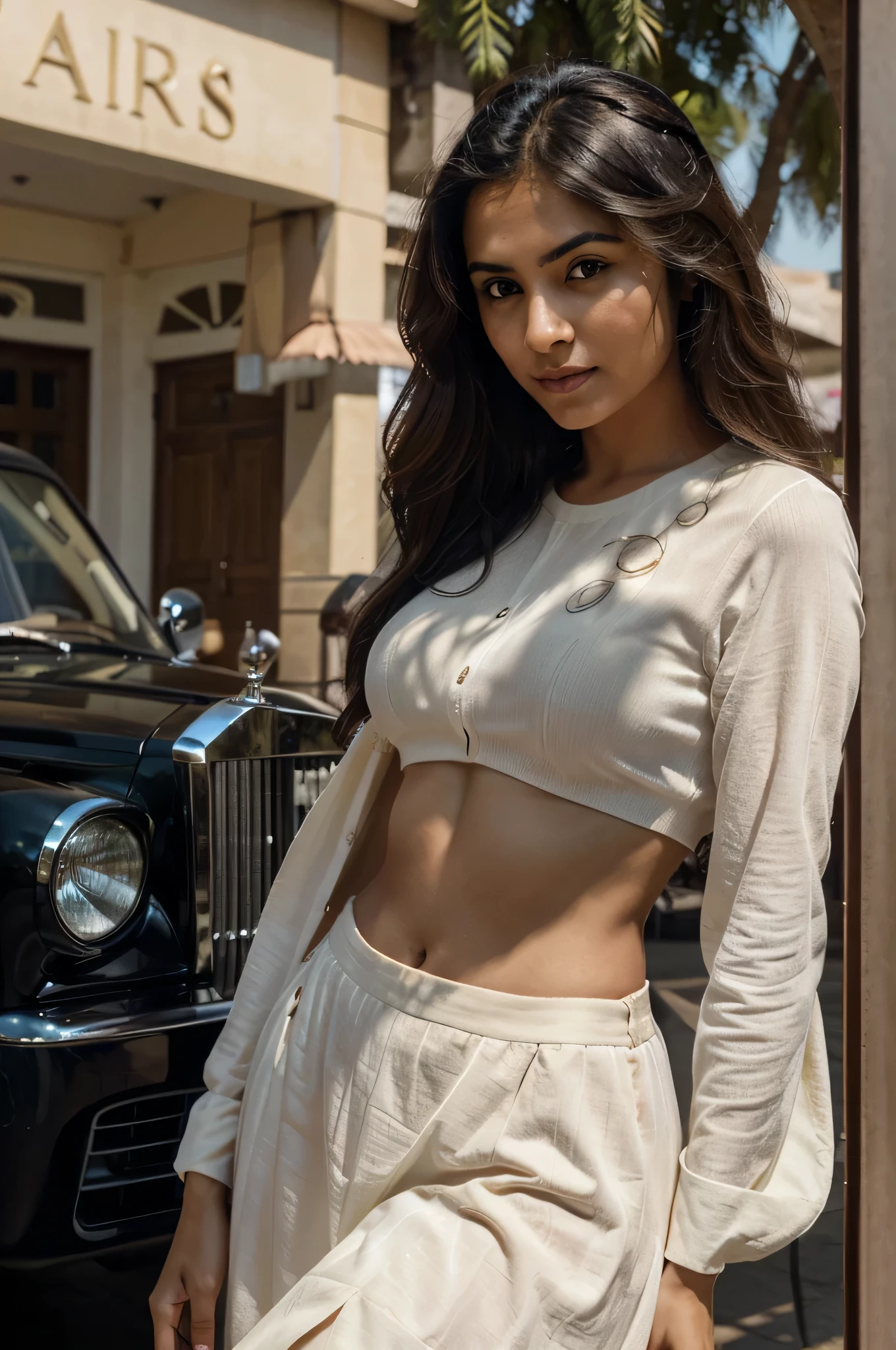 A charming indian woman full body, with an elegant posture and incomparable beauty. Her soft dimples and realistic expression lines add authenticity. Her skin is illuminated by the sun's rays, highlighting her beauty. She is dressed in long, sophisticated clothes. The background is a rolls royce car in black color, in a front of pub in india, To capture this extraordinary scene, a high-resolution camera such as the Phase One XF IQ4 150MP is required. The lighting is diffused and natural, minimizing harsh shadows. The camera settings include a medium aperture, adjusted shutter speed, and a high-quality wide-angle lens with a focal length of approximately 35mm to capture the entire scene in an immersive way. Sharp, precise details are captured, from wavy hair to complex clothing patterns, ensuring a natural and stunning image.
