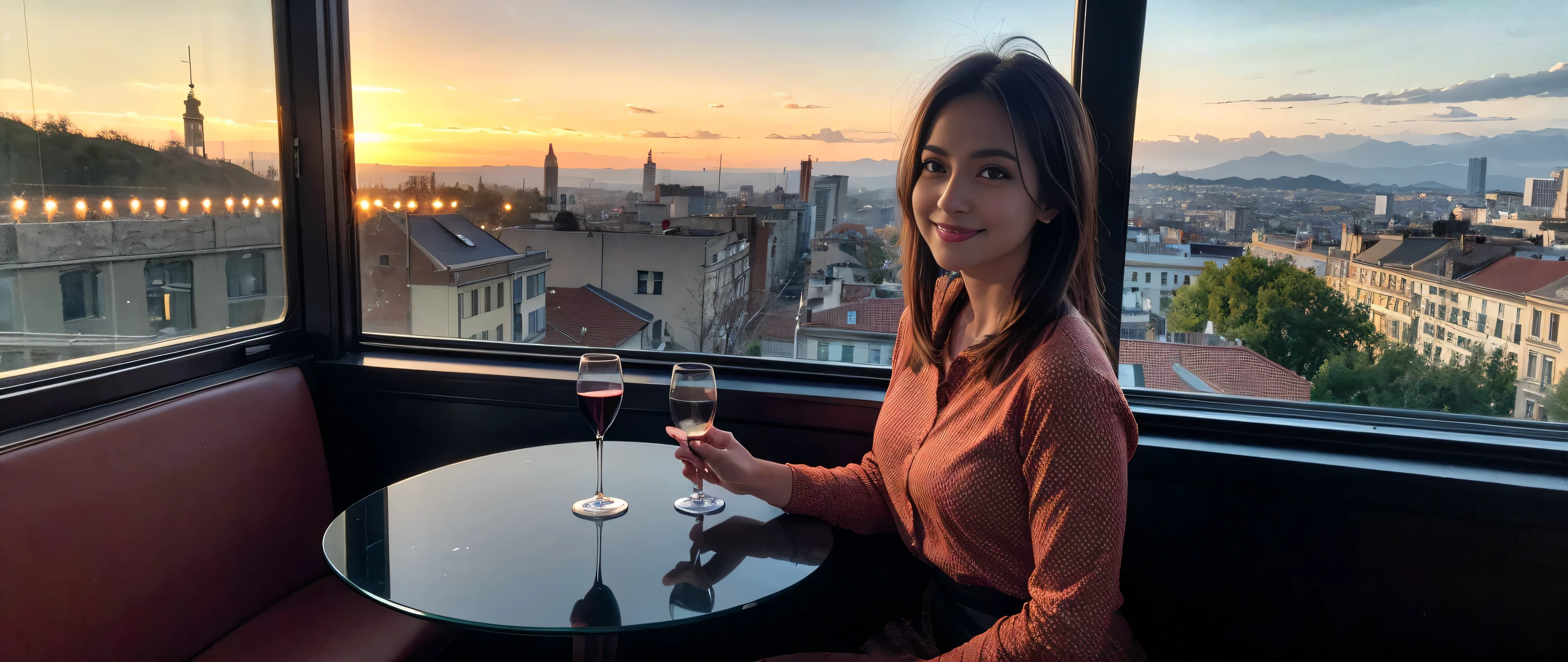 ((highest quality、8k、masterpiece:1.3))、1 male、1 female、Couple、Lovers Couple、Slim body、((Bob Hale、Straight hair:1.2))、(Realistic, Intricate details:1.2), Wine glass on the table、Put the light on your face、 Amazing view of the sunset sky and clouds、Amazing mountain views、A bright smile、A lovely woman with a smile、Bright image、Beautiful Face, blue eyes, The light shines on your face, Blushing, short hair,Bright Face、Fox face、 (40 years old), 39 years old, Lady、red wine 、Appetizers、Italian food、Wine bottle、Champagne、sparkling wine、Two beauties、Brown Hair、Shortcuts、Long sleeve shirt、dress、Pretty Woman 1, (Slim face), (The body is slim), (Brown Hair), (Shortcuts), cheeks turn a little red,Attractive beauty、, Out of the window, A beautiful and detailed night view unfolds.........., restaurant, In a prominent place (From the waist up) Nova Frog Style, actress, model, Upper Body, White wine, slim, wine glass, Wine glass placed in the center, smile, (smile: 1.15), Beautiful fine grain, Depth f/2,saturation, High Contrast, Strong light and shadow,Moist Body:1.5、3D texture、Delicate eyes、Brown Hair、The hair is very shiny、