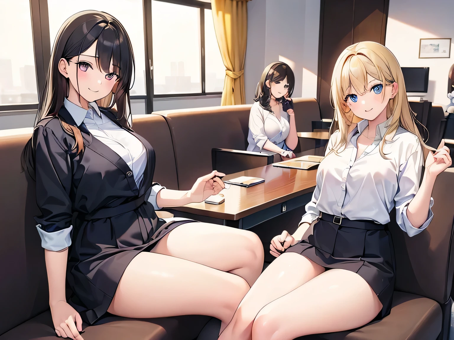 Highest quality, Ultra-high resolution, (Realistic: )2D official style cel animation,((Two slim girls are sitting in a row with their hands making peace signs))Grey suit、Grey tight mini skirt,(Lace panties、Panty stocking)High heels,全身Portrait,Commuter train chair,sunny,Embarrassed face,front、Portrait