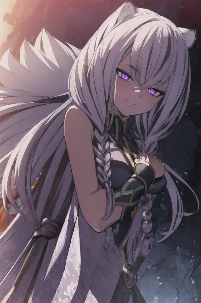 ((masterpiece)), (best quality), (ultra-detailed), photorealistic, (best illustration), ((an extremely delicate and beautiful)), 1woman, solo, long hair, tiger ears, [:tiger tail under:0.2], white hair, two-tone hair, feet out of frame, shining armor, (Alternative outfit:1), long gorgeous cape, cross-laced, standing, evil purple eyes, black colored armor, sharp formed shoulders, detailed scenery, cyberspace background, low twin braids, twin braids, hair ornament, bracelet, (crossed hands:0.9), looking at viewer, glowing in darkness eyes, wide malicious smile, purple Eyes glow, big breasts. 