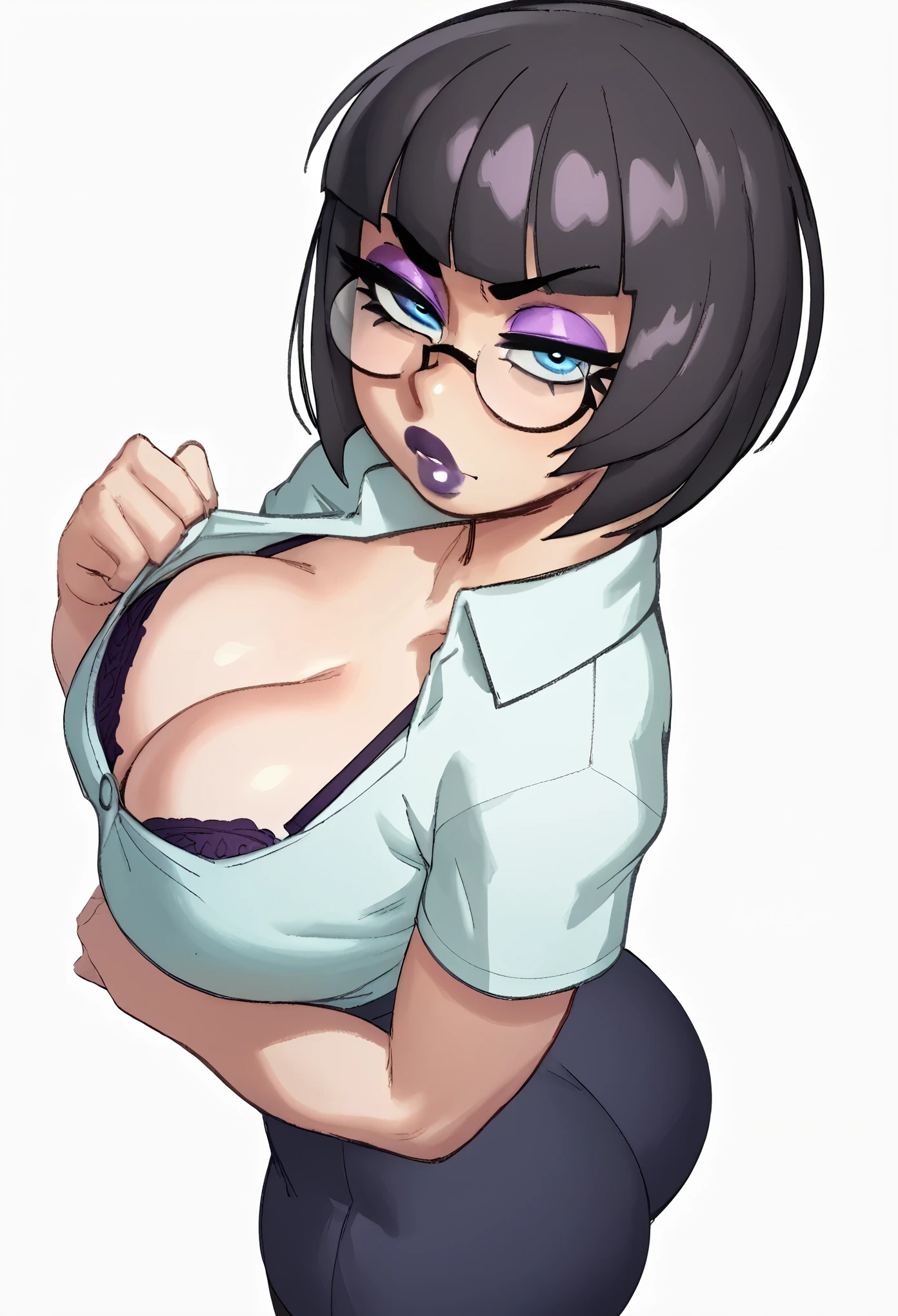 score_9, score_8_up, score_7_up, score_6_up, score_5_up, score_4_up, BREAK 1girl, black hair, bob cut hair, straight hair, short hair, blue eyes, thick lips, scowl, long eyelashes, half-closed eyes, black-framed eyewear, round eyewear, black bra, blunt bangs, adult, black eyeliner, purple lips, pink eyeshadow, looking at viewer, BREAK solo, standing, cleavage, large breast, adult, skinny, from above, arched back, thigh gap, office shirt, office pants, BREAK (white background:1.2), simple background, dynamic pose, dynamic angle, angled shot,