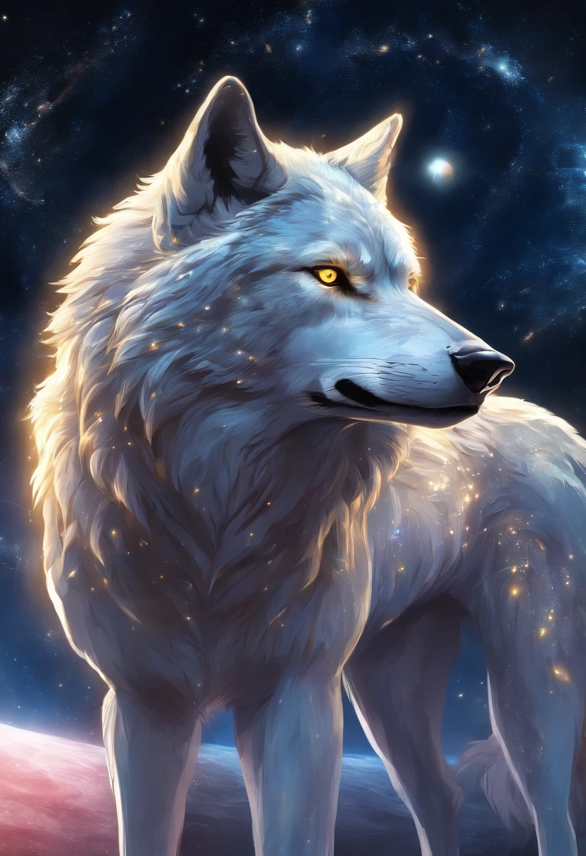 Realistic wolf in front of a full moon. The wolf has yellow eyes and golden fur.. The painting is full of stars and faint lights，The wolf had a calm expression.
