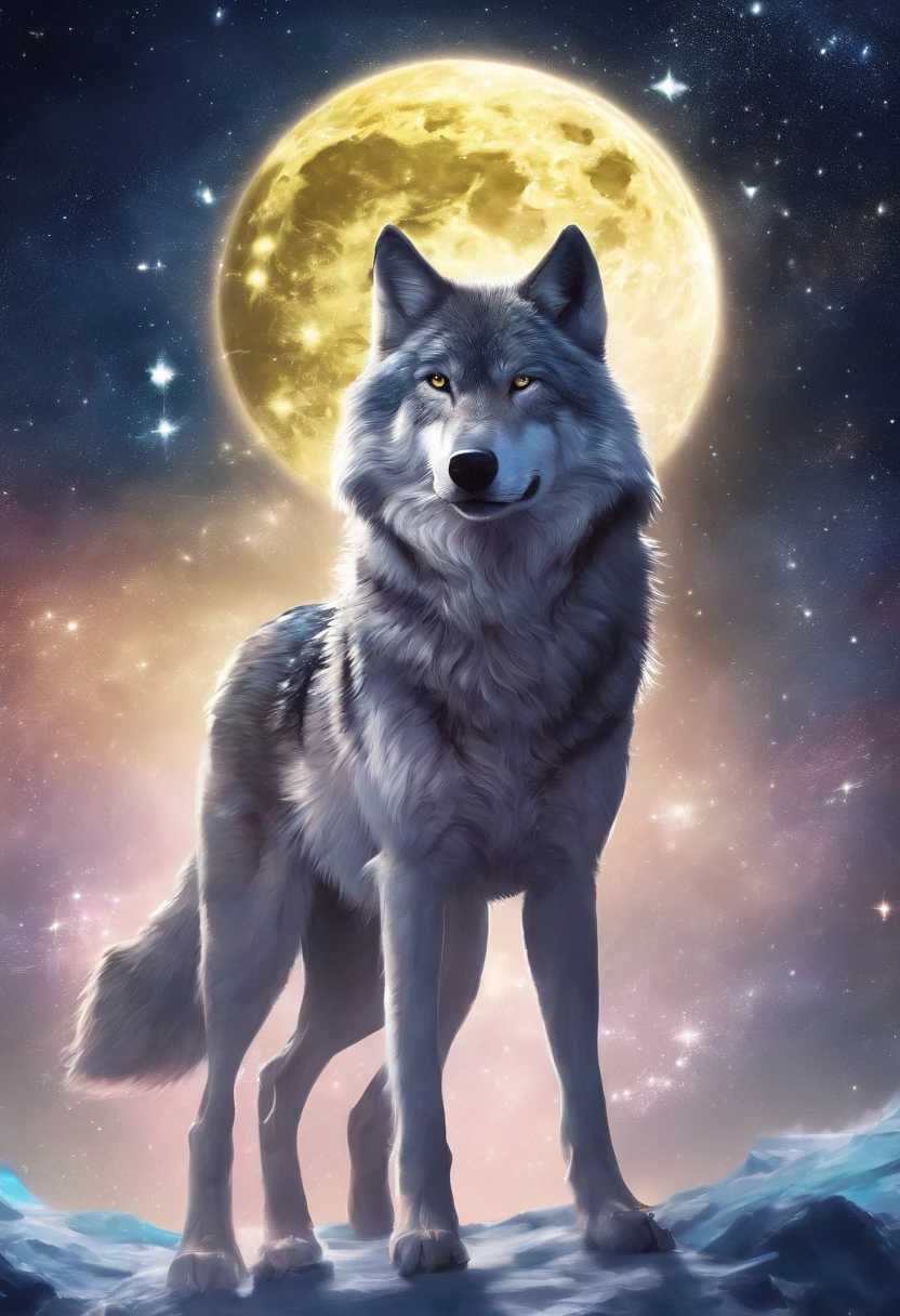 Realistic wolf in front of a full moon. The wolf has yellow eyes and golden fur.. The painting is full of stars and faint lights，The wolf had a calm expression.