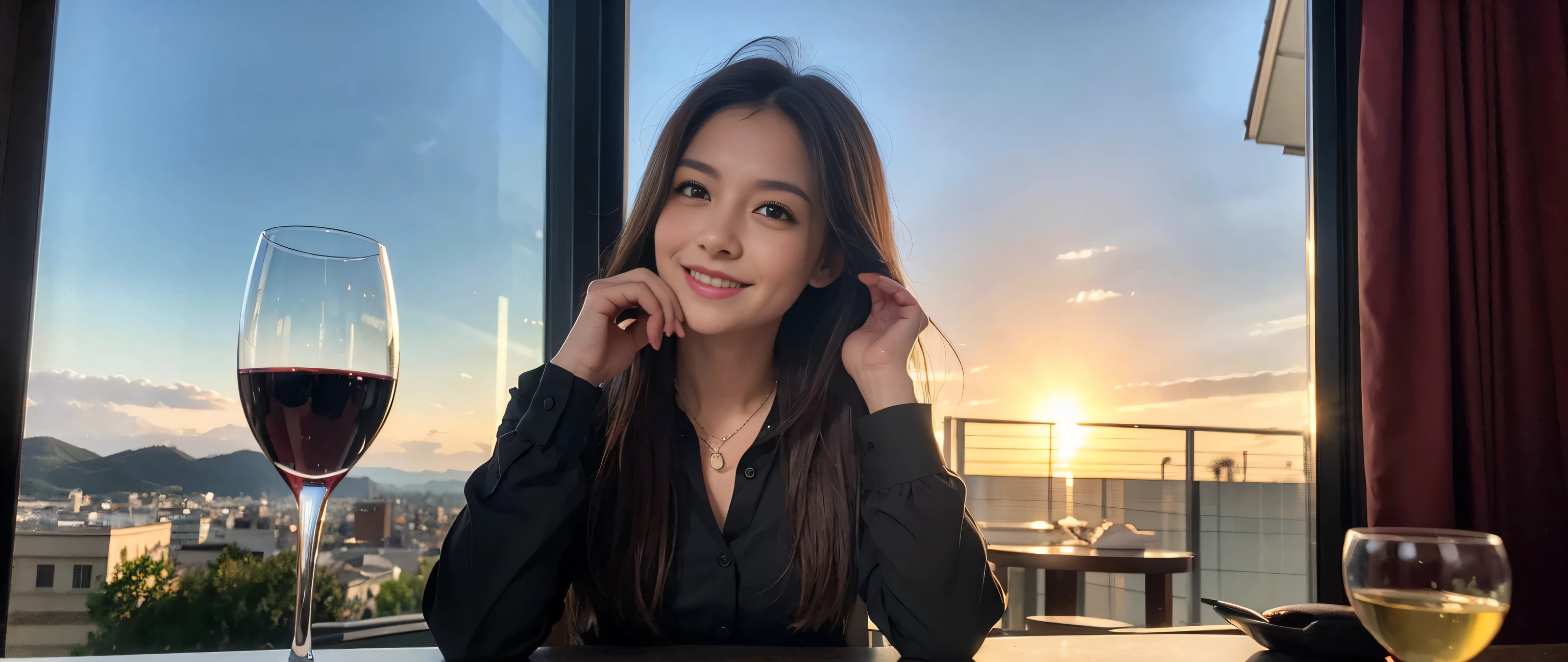 ((highest quality、8k、masterpiece:1.3))、1 male、1 female、Couple、Lovers Couple、Slim body、((Bob Hale、Straight hair:1.2))、(Realistic, Intricate details:1.2), Wine glass on the table、Put the light on your face、 Amazing view of the sunset sky and clouds、Amazing mountain views、A bright smile、A lovely woman with a smile、Bright image、Beautiful Face, blue eyes, The light shines on your face, Blushing, short hair,Bright Face、Fox face、 (40 years old), 39 years old, Lady、red wine 、Appetizers、Italian food、Wine bottle、Champagne、sparkling wine、Two beauties、Brown Hair、Shortcuts、Long sleeve shirt、dress、Pretty Woman 1, (Slim face), (The body is slim), (Brown Hair), (Shortcuts), cheeks turn a little red,Attractive beauty、, Out of the window, A beautiful and detailed night view unfolds.........., restaurant, In a prominent place (From the waist up) Nova Frog Style, actress, model, Upper Body, White wine, slim, wine glass, Wine glass placed in the center, smile, (smile: 1.15), Beautiful fine grain, Depth f/2,saturation, High Contrast, Strong light and shadow,Moist Body:1.5、3D texture、Delicate eyes、Brown Hair、The hair is very shiny、