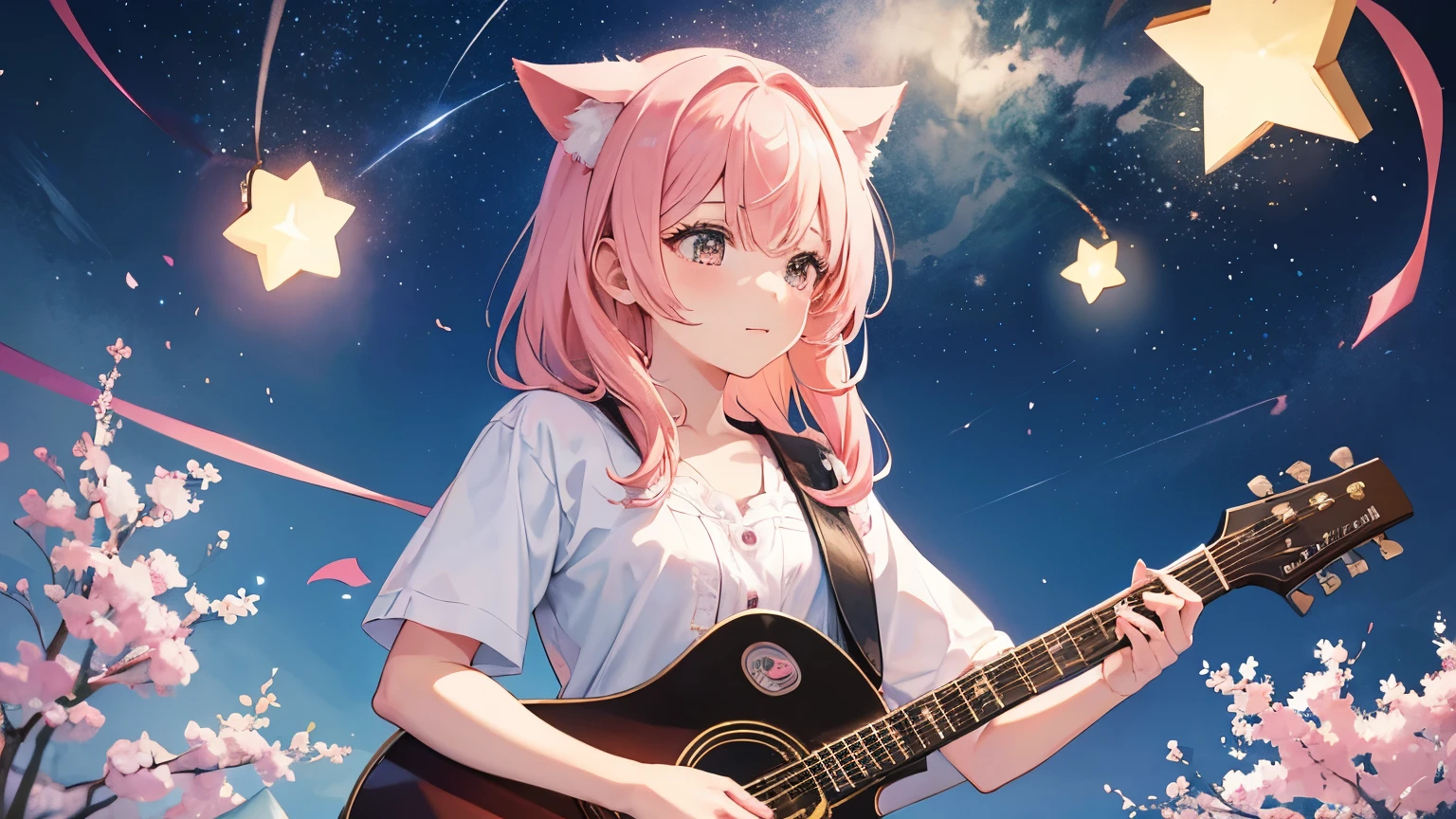 picture a scene of a girl playing the guiter alone with stars in the sky. Anime, pink hair, cat ears. That's her charm.