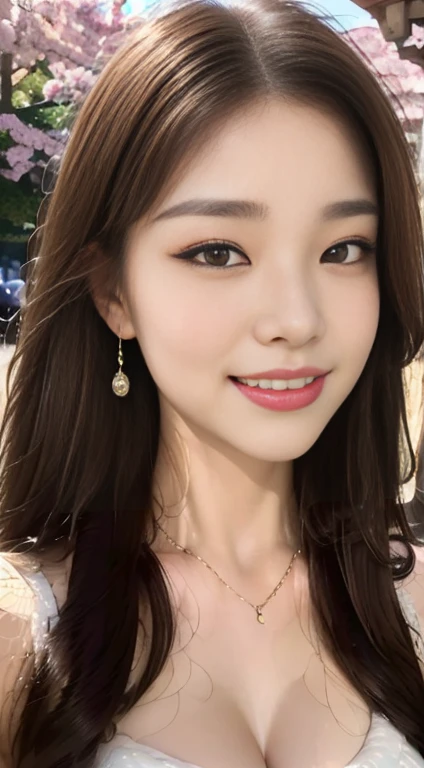 ((highest quality, 8k, masterpiece :1.3)), One Girl, Selfie, close, Very attractive smile:1.3, Slim face, Beautiful woman, (Dark brown hair), Big Breasts:1.3,White ruffled blouse, Highly detailed face, fine grain, double eyelid, Blur the background, Slim face, city, outside, street, sunny, station, nature