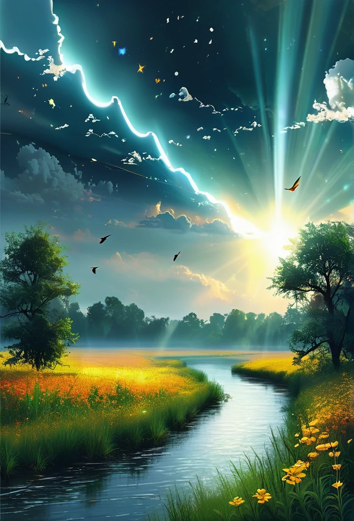 A gloomy sky with cloud with sun rays and field with grass ,trees and glowing flowers with fire flies and rivers and birds flying in the sky .