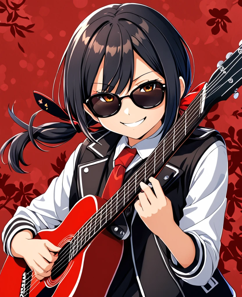 1girl, solo, sunglasses, kaai yuki, black hair, brown eyes, low twintails, short twintails, hair ornament, jacket black, 11 year old, holding guitar, red tie, mad face, smile, :p